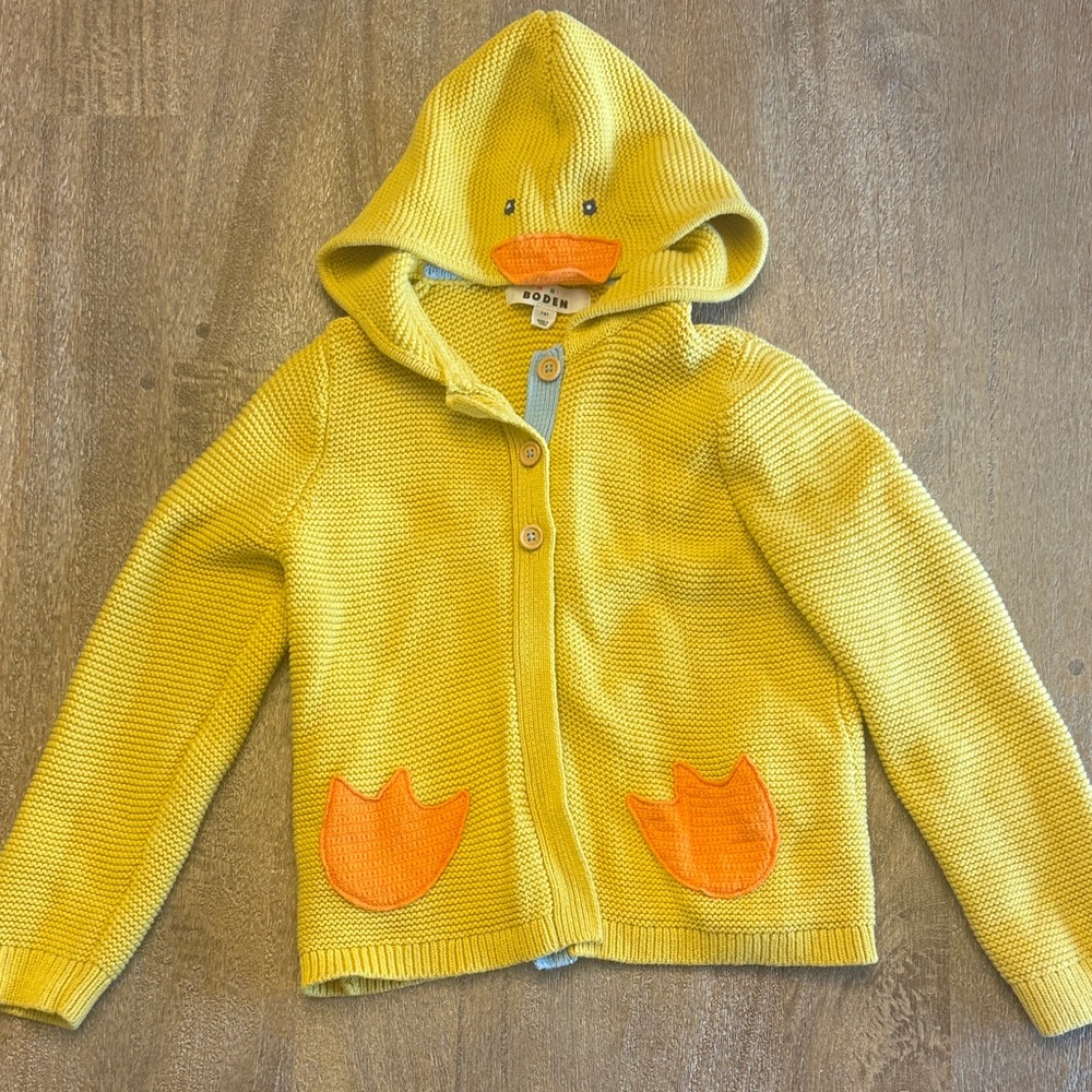 Boden Kids Yellow Duck Hooded Cardigan, very good condition, size 7-8